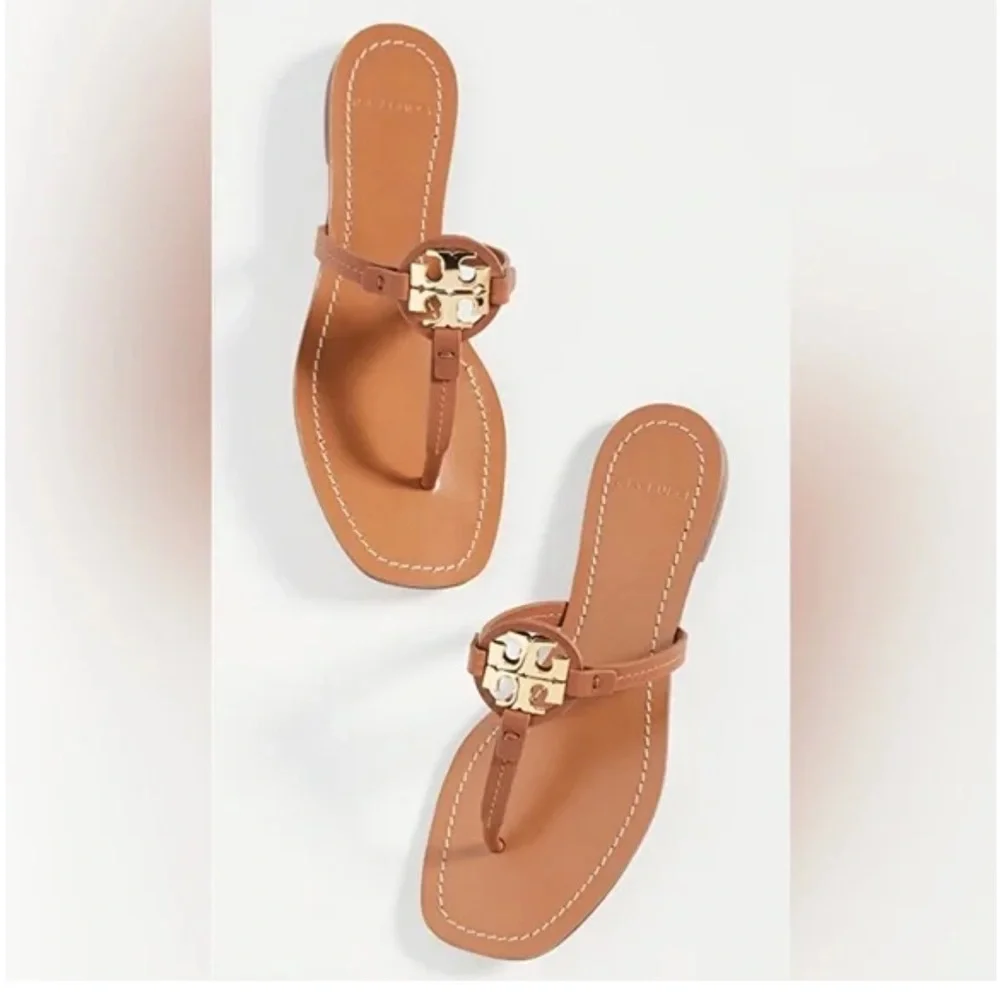 Tory Burch Tan Leather Thong Sandals with Gold Logo Medallion women size 8.5